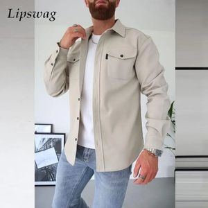 Fashion Woolen Tops Shirt For Men Spring Fall Casual Long Sleeve Buttoned Lapel Cargo Shirts Trend Mens Clothes Solid 240111