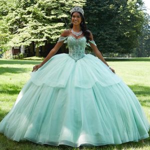 Mint Green and Pink Quinceanera Dress for Sweet 16 Girls Sweetheart Ball Gowns Beads Spets Birthday Party Gown Vestidos DE 15