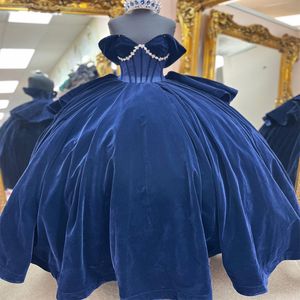 Dark Blue Quinceanera Dress Pärlor Crystal Vestidos de 16 Quinceanera stropplös älskling 15 födelsedagsfest bollklänningar