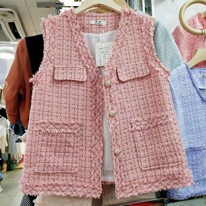 Women's Vests Fashion V-Neck Single Breasted Tweed Bright Silk Tassel Vest Coat Women Spring Autumn Ladies Waistcoat Female Outerwear Jacket