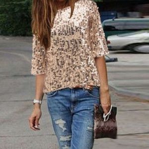 Ebay's Best-selling European and American Sequin Sequined Mid Sleeved One Neckline Loose Casual T-shirt for Women's Top