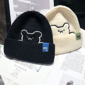 Korean style cartoon bear embroidered knitted hat suitable for girls winter warm earmuff hat Beanie solid color skiing hat 240110