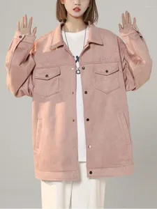 女性用ジャケットヴィンテージスエードコートカジュアルジャケット春秋のピンクの背面刺繍トップスルーズレディアウターウェア