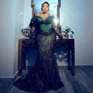 Hunter Green Plus Size Aso Ebi Prom Dresses for Black Women Sheer Neck Long Sleeves Memaid Sequined Lace Birthday Party Dress Second Reception Gowns Nigeria NL479