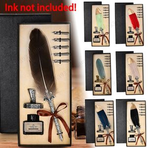 1 Set Vintage Calligraphy Pen Feather Dip Fountain Ink Stationy Quill Creative Retro Writing School Office Supply 240111