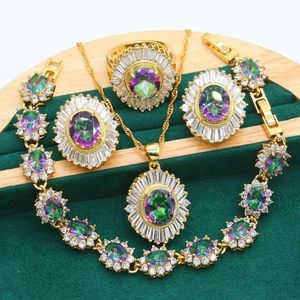 Uppsättningar guldfärg smyckesuppsättningar för kvinnor bröllop mystisk regnbåggrön zirkonarmband örhängen halsband hängande gåva