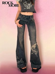 Rockmore Y2K Low Rise Flare Jeans för Woman Streetwear Estetic Print Jean Pants Vintage Washed Denim Trouser Grunge Fairycore 240110
