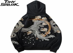 Felpa con cappuccio da uomo Hip Hop Streetwear stile cinese Dragon Phoenix ricamo pullover nuova felpa floreale in pile di cotone autunnale 2011273510358