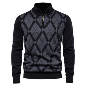 Aiopeson Argyle Men Sweaters Cotton Mock Neck -blixtlås Patchwork Pullover Winter High Quality Fashion Warm för 240111