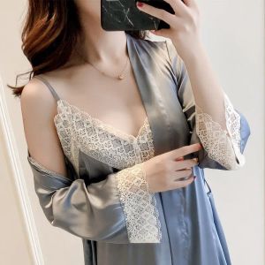 Kinder Pyjamas frauen Satin Robe Set Seide Sets Sexy Nachthemd mit Roben Spitze Cami Nachtwäsche Bridesmiad Hochzeit Kimonos BJ