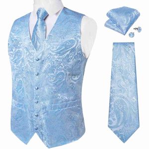 Men's Vests Fashion Light Blue Paisley Silk Vests for Men with Tie Handkerchief Cufflinks Business Wedding Party Waistcoat Tuxedo VestL240104