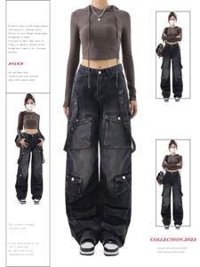 Women Vintage Black Gothic Cargo Jeans Y2k Wide Leg Denim Pants Oversize 2000s High Waist Jeans Korean Baggy Trousers 90s Jeans 240110