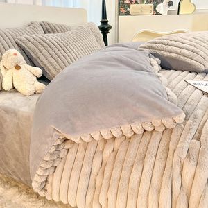 Сплошной цвет, утепленный зимний теплый комплект плюшевого постельного белья с кроликом, мягкий и удобный комплект постельного белья из молочного бархата 240111