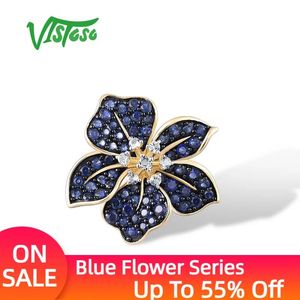 Pendants VISTOSO 9K 375 Yellow Gold Pendant For Women Lab Created Sapphire White Topaz Blue Lily Flower Pendant Delicate Fine Jewelry