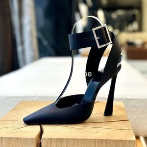 Novità Sandali da donna Scarpe eleganti 10 cm firmate Moda Fibbia a testa quadrata in raso Scarpa con tacco alto in pelle cava Copricostume Tacco Cena Sandalo Roma 35-40