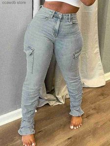 Kvinnors jeans LW Plus Size High midja Sidan Flap Pocket Cargo Jeans Women Dragkedjan Ruched Design Jeans Causal Skinny Long Trouser T240110