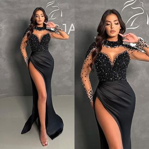 Simple Evening Dresses Sequined Beaded Mermaid Prom Dress Side Split Long Sleeves Plus Size Custom Made Special Occasion Dresses