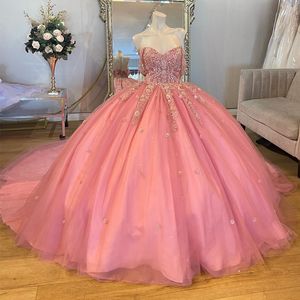 Блестящие розовые платья Quinceanera с цветочным принтом, пышное платье с открытыми плечами и аппликацией из бус, тюлевое платье для выпускного вечера, вечерние платья для 16 милых девочек