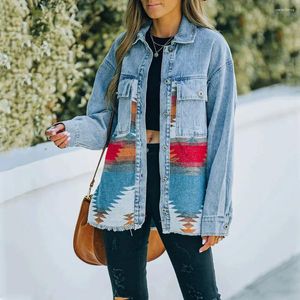 Damenjacken Azteken-Reverstasche Denim gespleißt Wolljacke Mantel Retro-Muster Langarm Casual Tops 2024 Herbst