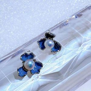 Studörhängen naturligt sötvatten 4-5 mm Pearl Classic Blue Clover 3D Flower Design Everyday Versatile Smyckespresent till flickvän