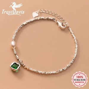 Bangles Trustdavis Solid 925 Sterling Silver Square Yeşil Taş Zincir Bilezik Daugther Girl Hediye Kadın Düğün Takı DS3587