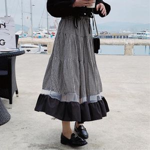Skirts TingYiLi Vintage Black Patchwork Plaid Womens High Waist Tiered A-line Long Skirt Korean Elegant Big Swing Spring