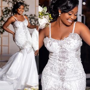 Luxury Mermaid Wedding Dress for Bride Spaghetti Stems Sequined Lace Beaded Rehinestones Brudklänningar för afrikanska äktenskap Black Women Nigeria Girl CDW191