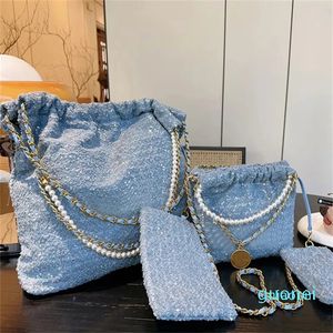 Designer -Womens Blue Tweed Bags Quilted Handbags Metal Pearl Chain Shoulder Tote Gold Hardware Shopping Pouch Wallet Crossbody Purse 2Size