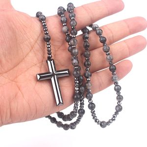 Anhänger Halsketten Schwarze Perlen Kreuz Rosenkranz Für Männer Männliche Power Balance Hämatit Kette Halskette Religiöser Glaube Gebet Schmuck