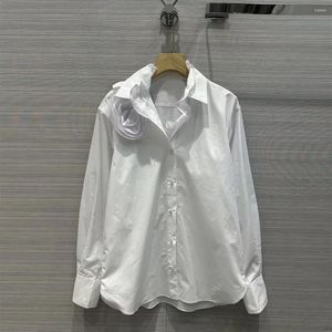 Kvinnors blusar Spring Fashion Turn-Down Collar Long Sleeve 3D Flower Decoration Shirt Women Casual Sweet Loose White T-Shirt Topps