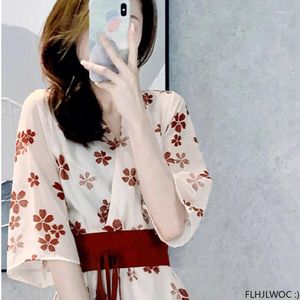 Бальные платья Праздничный халат 2024 Лето Китайский Япония Ретро Цветочный принт Винтажное платье на шнуровке с галстуком-бабочкой и красным поясом