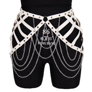 Saia branca arnês de couro corrente cinto de cintura de metal punk goth lingerie sexy vestido oco para fora suspender corpo harajuku dança rave 240110