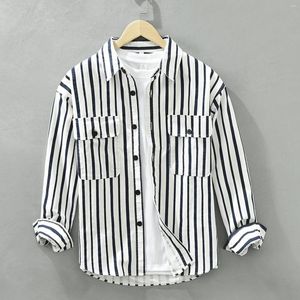 Camicie casual da uomo Primavera Autunno Camicetta a maniche lunghe a righe Camicia stile cargo allentata Top Capispalla moda uomo giovane