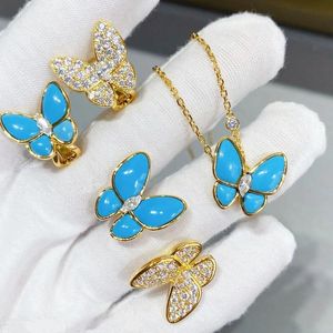 Ställer in högkvalitativ 925 Sterling Silver Blue Turquoise Butterfly Necklace Earrings Women's Set Fashion Party Gift Luxury Brand Jewelry