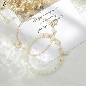 Strand Natural White Moonstone Armband Female Crystal Hand Accessories Simple DIY Double Layer Metal Chain Decoration for Clothing