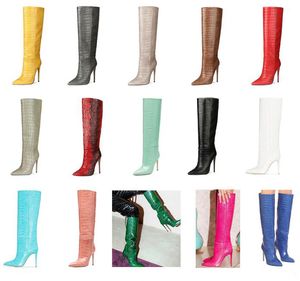 新しいPython膝ブーツ太もものハイの背の高いブーツ先の尖ったつま先のヒール10cm Nappa Sole Booties女性の高級デザイナーパーティーウェディングシューズ工場靴サイズ35-43