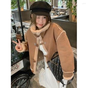 Kadın Ceketleri Tatlı Kız Kuzu Kürk Patchwork Suda Ceket Sonbahar ve Kış Standı Yaka Motosiklet Moda Kadın Giysileri