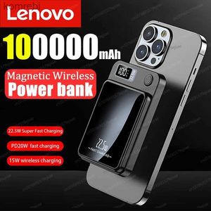 Cell Phone Power Banks Lenovo 100000mAh Wireless Power Bank Magnetic Qi Portable Powerbank 22.5W Fast Charger For iPhone15 14 13 Samsung Fast ChargingL240111