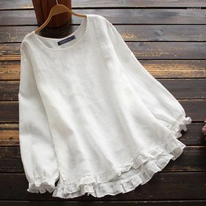 Women's Blouses Cotton Linen Blouse Solid Color Loose Ruffle Cuffs Round Neck Long Sleeved Shirt Sweet And Cute Girl Pink Pullover