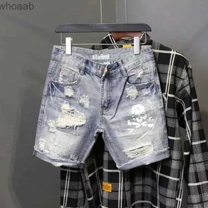 Men's Shorts New Summer 2022 Ripped Hole Beggar Short Pants Men's Personality Skeleton Skull Printed Korean Slim Fitting Cowboy Denim Shorts YQ240111