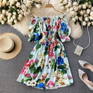 Sukienki Menahem 2021 Summer Puff Sleeve kwiatowy nadruk krótka sukienka Kobiety z ramion Petel Peading Buttons Pocket Beach Boho Sukienka