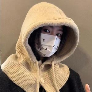 2-In-1 Hat And Scarf Korea Balaclava Hats Winter Warm Neck Set Women Men Knitted Wool Pullover Cap Gothic Y2k Kids Hooded Scarf 240110