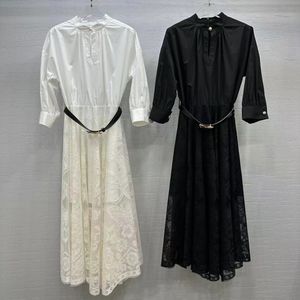 Womens Dress European Fashion Brand Black and White Cotton Butterfly Pattern Lace Stand Collar Half Sleeved Midi Dress