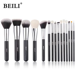 BEILI Preto 15 Pcs Pincéis de Maquiagem Profissional Natrul Cabra Base de Cabelo Sintético Pó Sombra Pincel Make Up Tools 240111