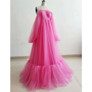Hot Pink Tulle Maternity Robe/Lace Up Back Ruffle Tulle Dress Photo Shoot Dress/ Baby shower dresses / Custom Sizes /Colors BJ