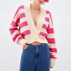 Women's Knits Fashion Striped Cardigan Knitted Sweater Cropped Top Long Sleeve Knitwears Y2K Cardigans Button Tops Women Chic Jersey