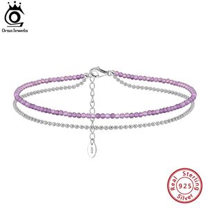 Anklets ORSA JEWELS 925 Sterling Silver Genuine Amethyst Anklets with Ball Chain for Women Fashion Summer Beads Ankle Bracelet Gift SA45