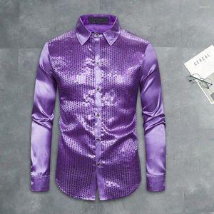 Men's Casual Shirts Men Shirt Slim Fit Shiny Club Dance Lapel Single-breasted Sequin Top Colorful Stripe Glossy Long Sleeve Performance