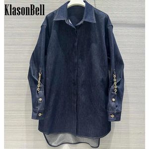 Damenblusen, frühes Frühjahr, Damenkleidung, gewaschenes Denim-Kettendesign, mehrere Möglichkeiten, lockere, lange Hemdjacke zu tragen