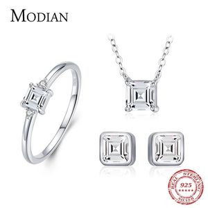 مجموعات Modian 100 ٪ REAL 925 Sterling Silver Classic Emerald Cut Sets واضحة حلقات تشيكيل